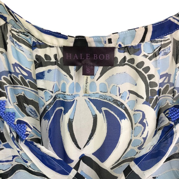 Hale Bob Women's Silk Beaded Tunic Top White & Blue Persian Floral Print Sheer S - Picture 2 of 11